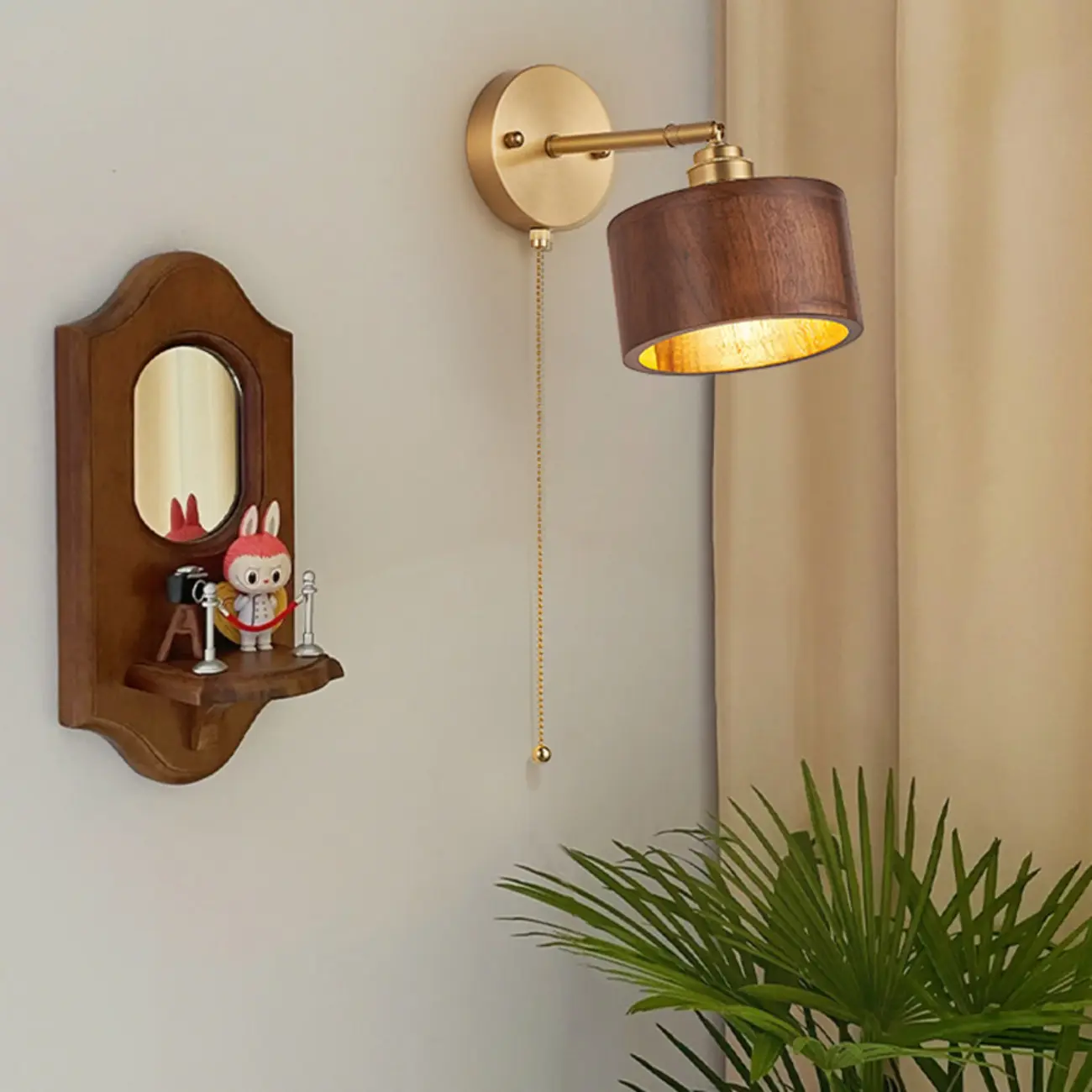 Modern Gold Wood Drum LED Wall Light for Bedroom Image - 3 | homeyfad