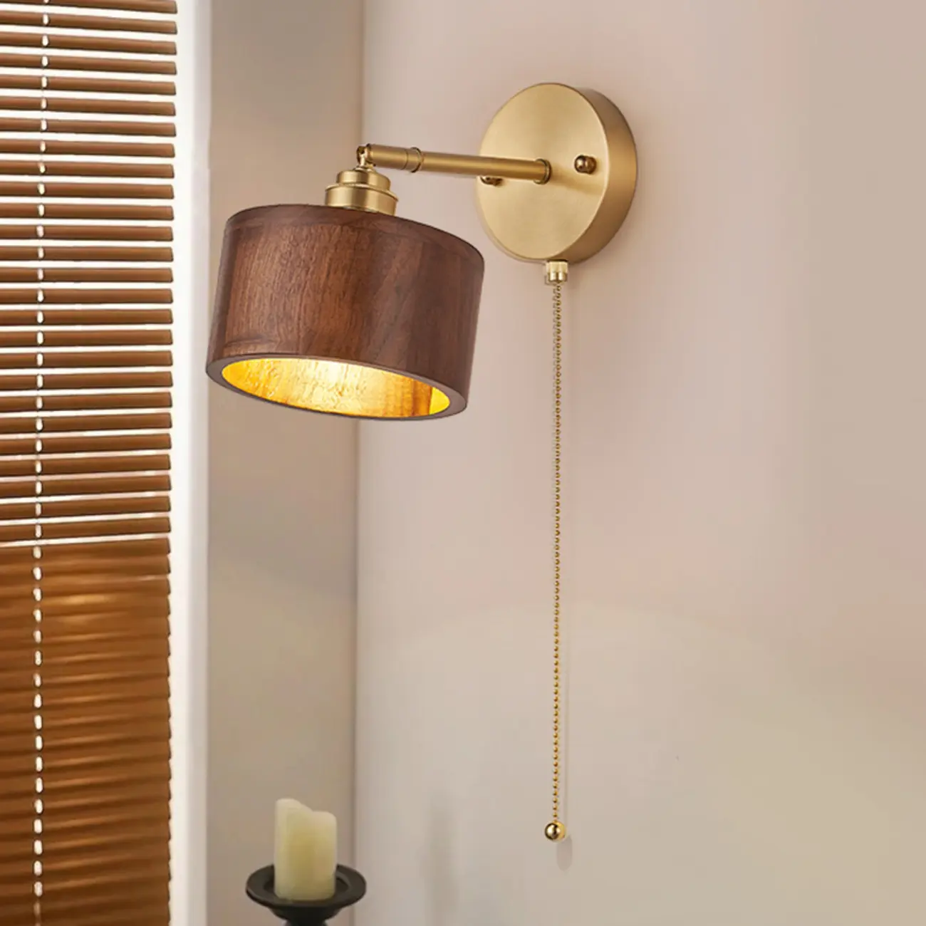 Modern Gold Wood Drum LED Wall Light for Bedroom Image - 1 | homeyfad