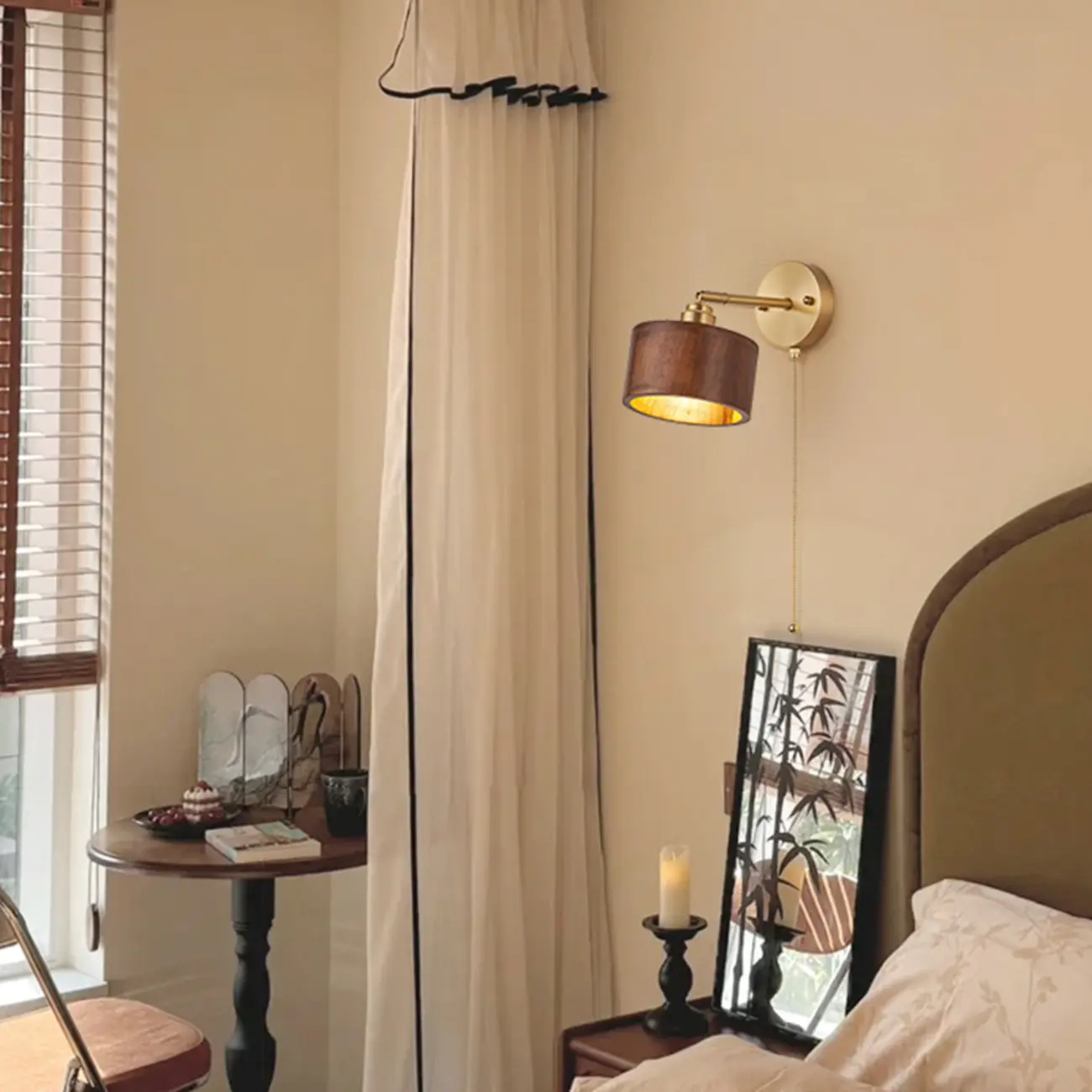 Modern Gold Wood Drum LED Wall Light for Bedroom Image - 4 | homeyfad