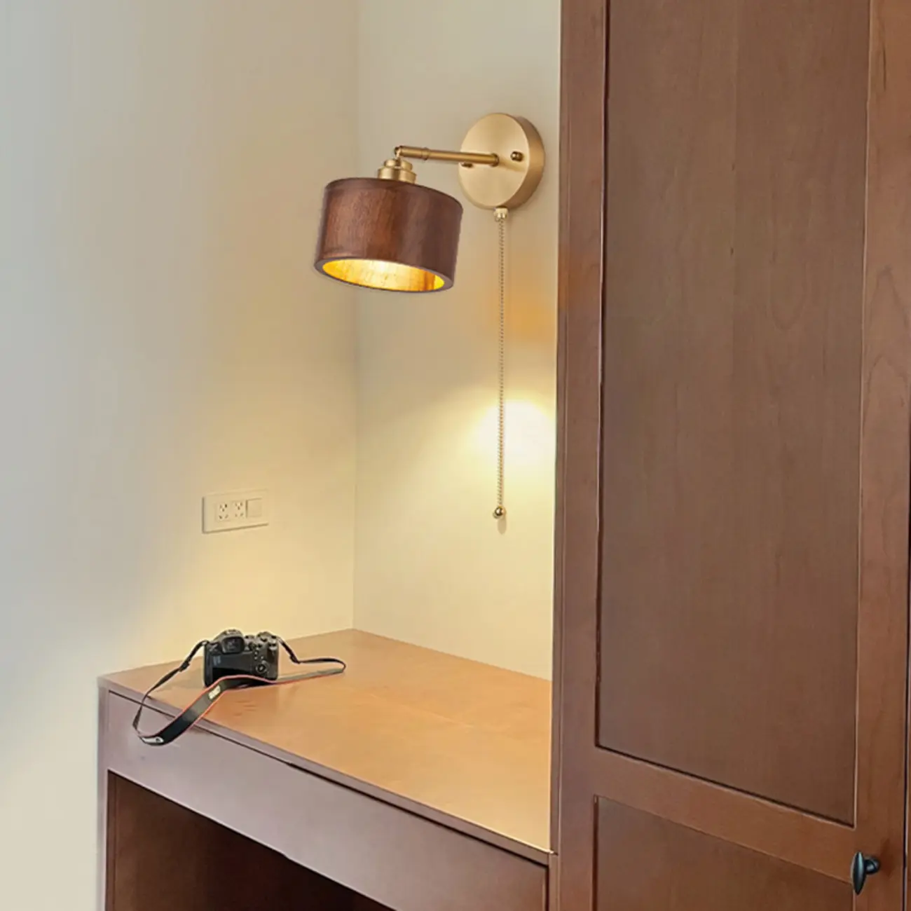 Modern Gold Wood Drum LED Wall Light for Bedroom Image - 5 | homeyfad