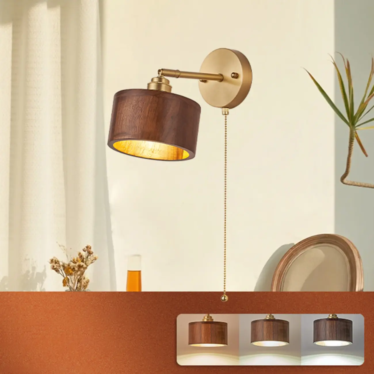 Modern Gold Wood Drum LED Wall Light for Bedroom Image - 8 | homeyfad