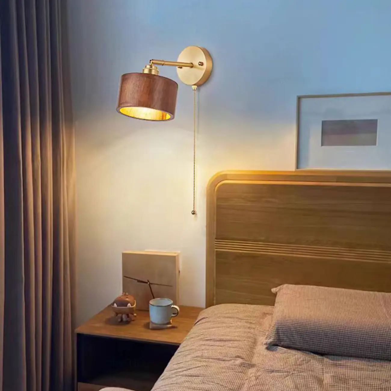 Modern Gold Wood Drum LED Wall Light for Bedroom Image - 9 | homeyfad