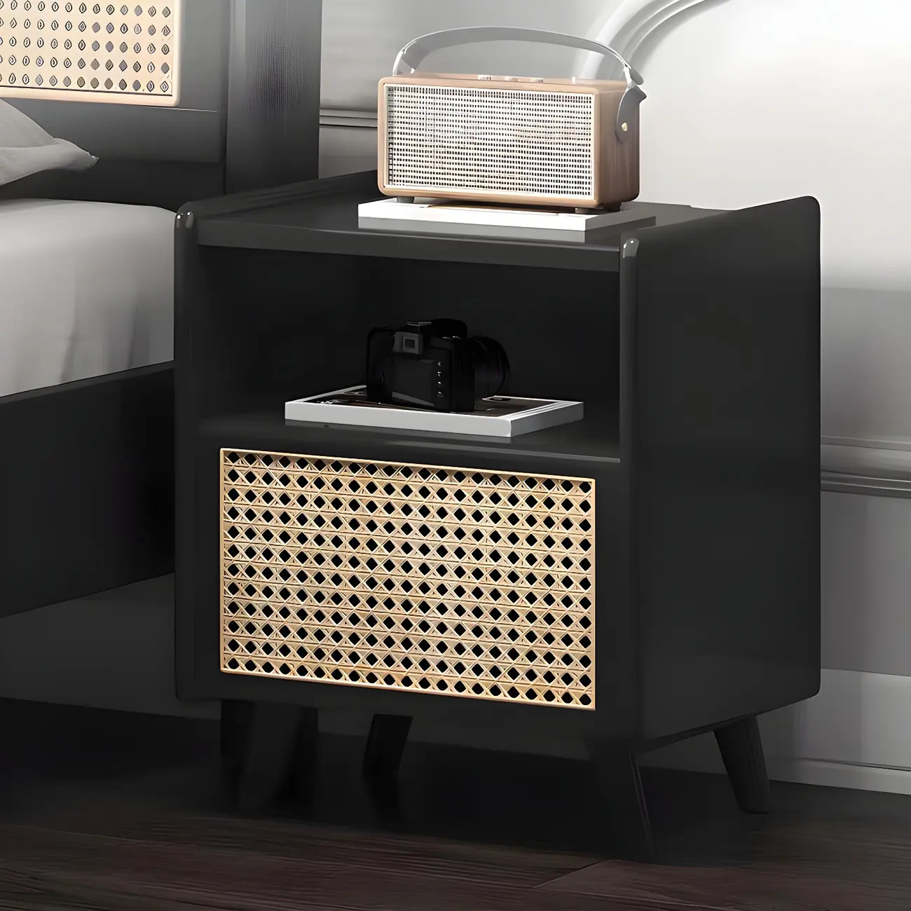 Modern Rubberwood Rattan Accent Shelved Drawer Nightstand Image - 1 | homeyfad