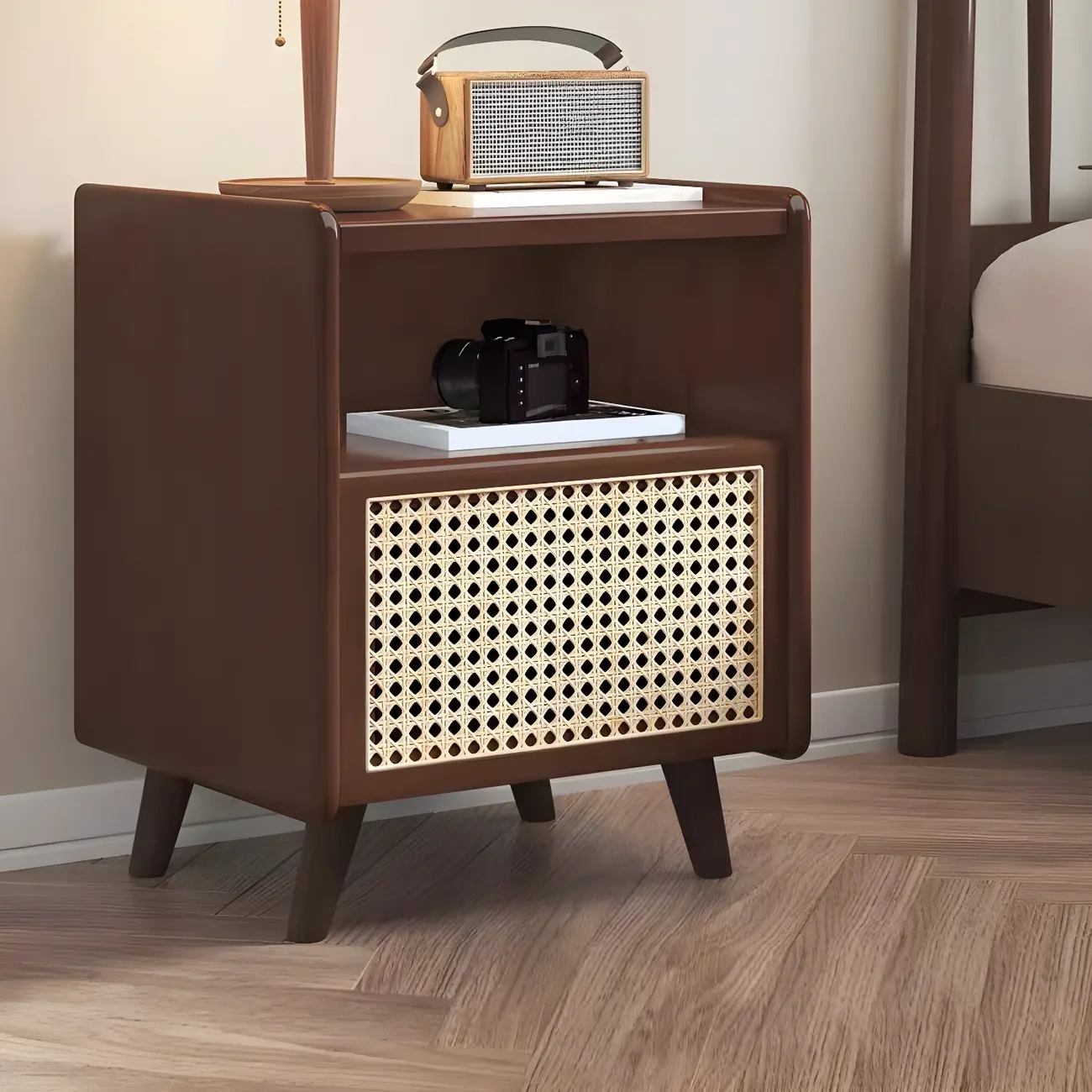Modern Rubberwood Rattan Accent Shelved Drawer Nightstand Image - 2 | homeyfad