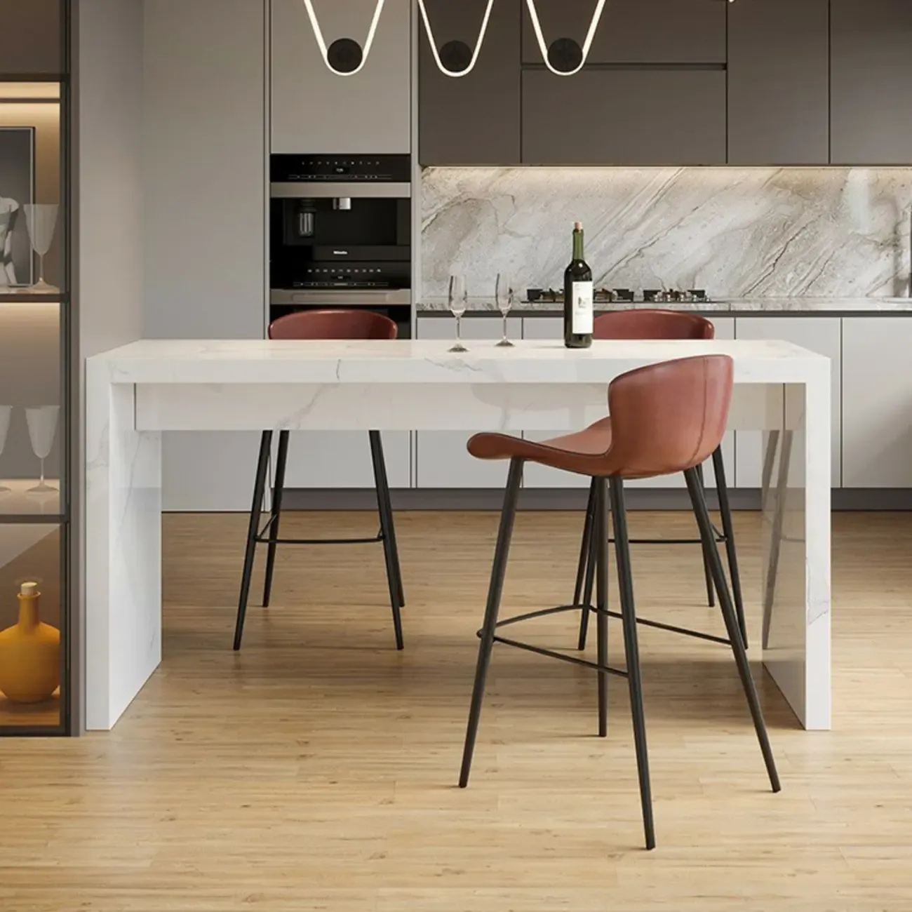 Minimalist Rectangular Off-White Marble Bar Tables Image - 6