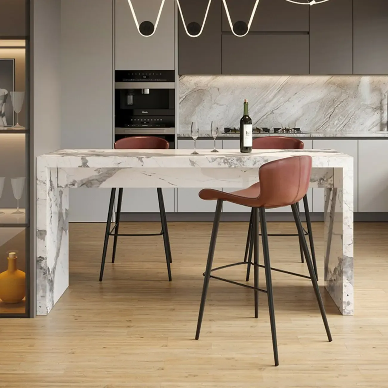 Minimalist Rectangular Off-White Marble Bar Tables Image - 12