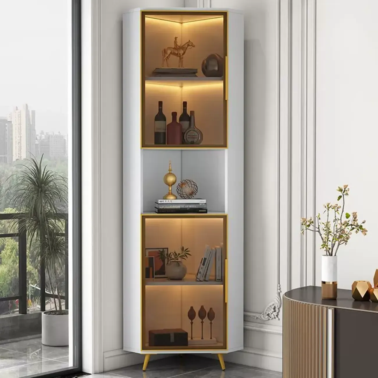 Modern Glam White-Gold Wood Glass Display Cabinet Image - 1