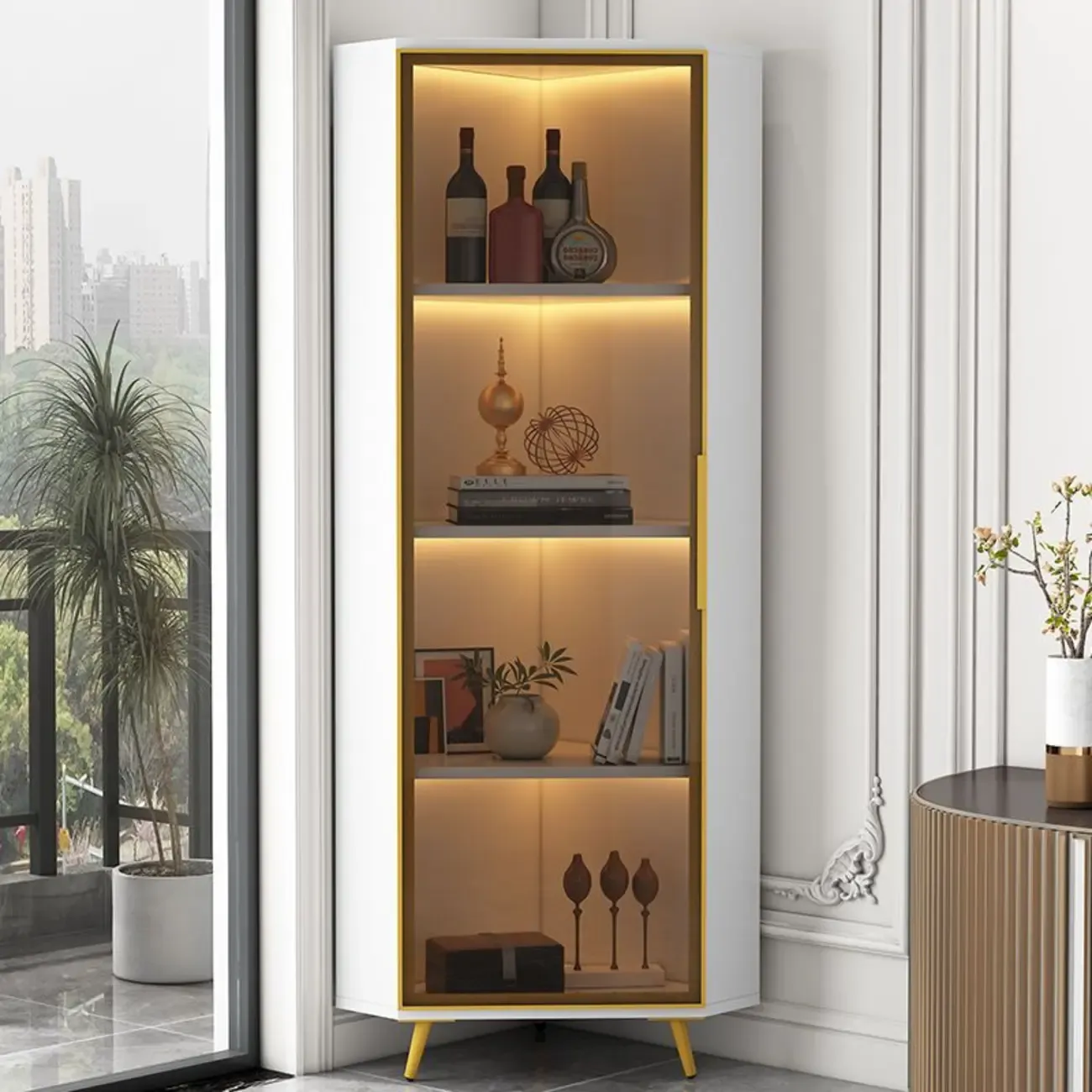 Modern Glam White-Gold Wood Glass Display Cabinet Image - 2