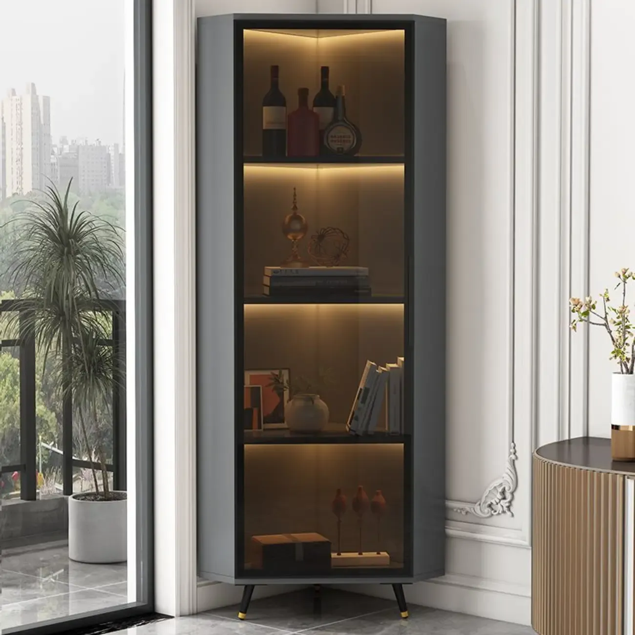 Modern Glam White-Gold Wood Glass Display Cabinet Image - 3
