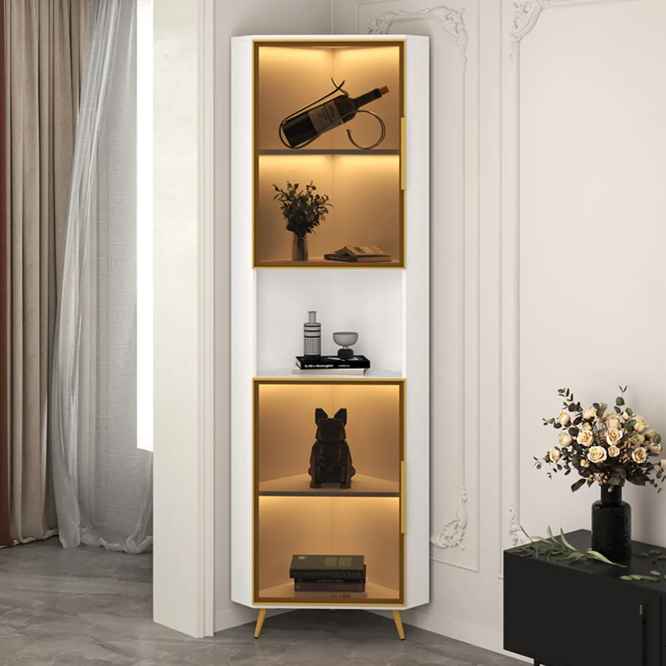 Modern Glam White-Gold Wood Glass Display Cabinet Image - 5 | homeyfad
