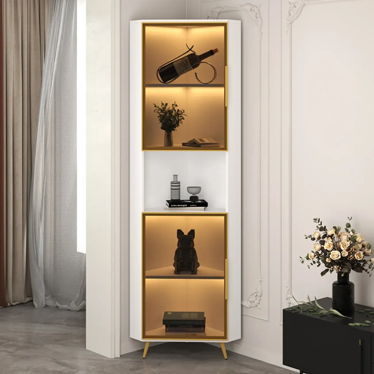Modern Glam White-Gold Wood Glass Display Cabinet Image - 5