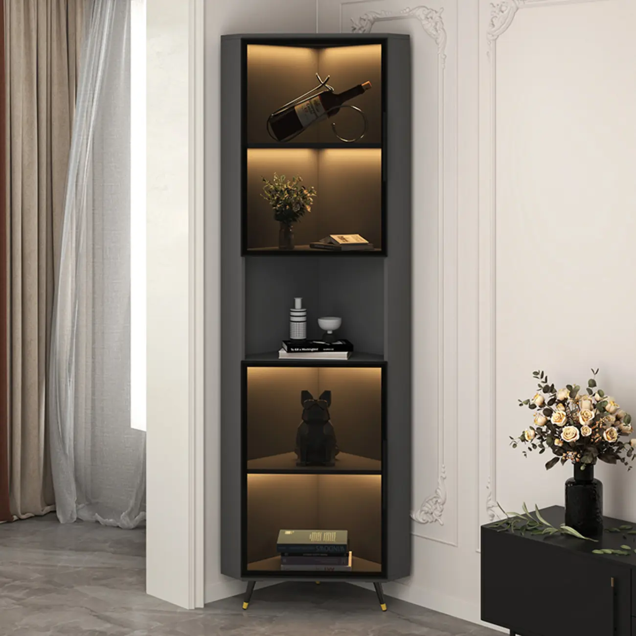 Modern Glam White-Gold Wood Glass Display Cabinet Image - 7 | homeyfad