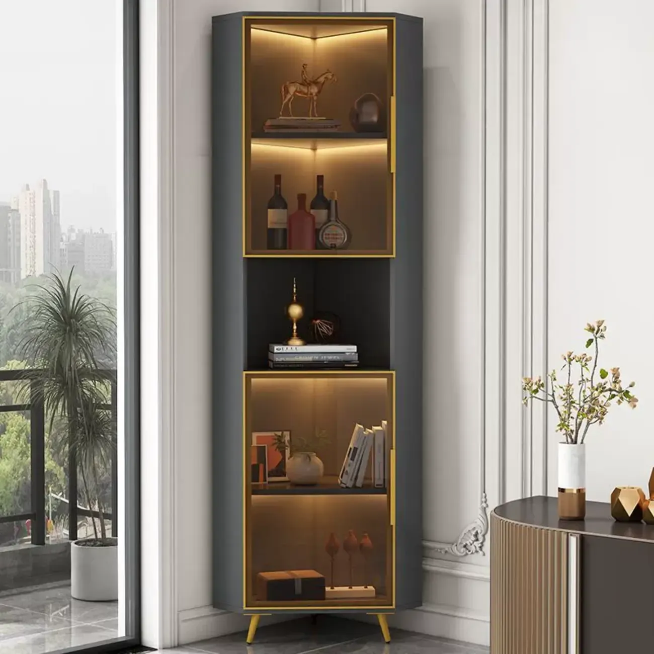 Modern Glam White-Gold Wood Glass Display Cabinet Image - 11
