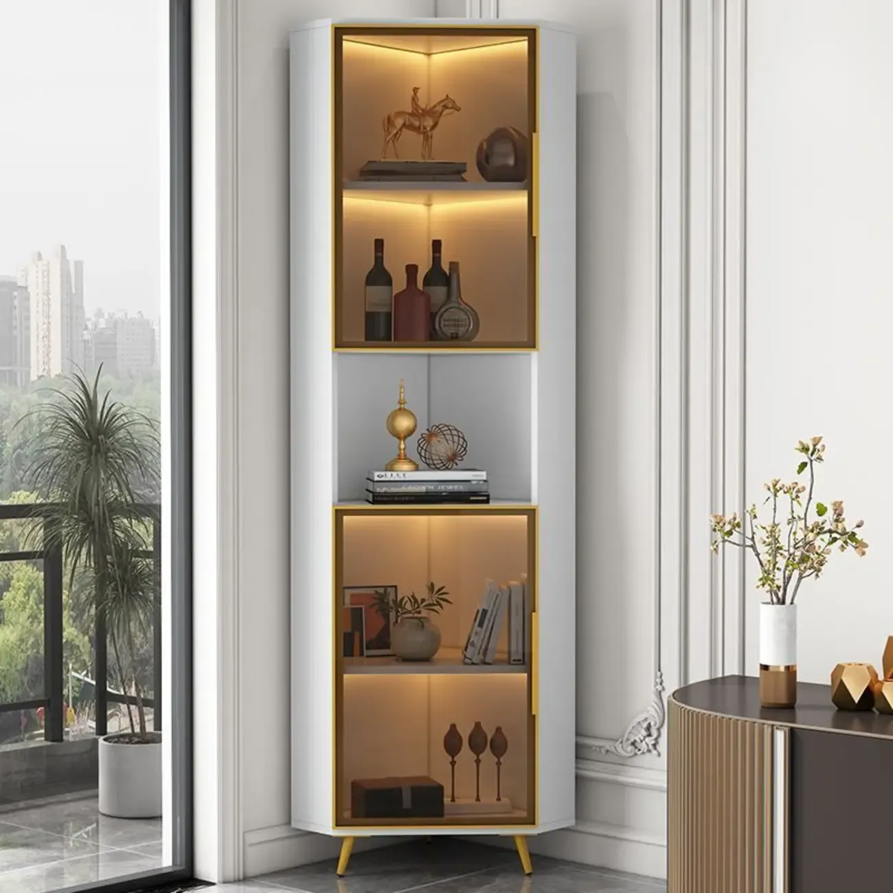 Modern Glam White-Gold Wood Glass Display Cabinet Image - 16