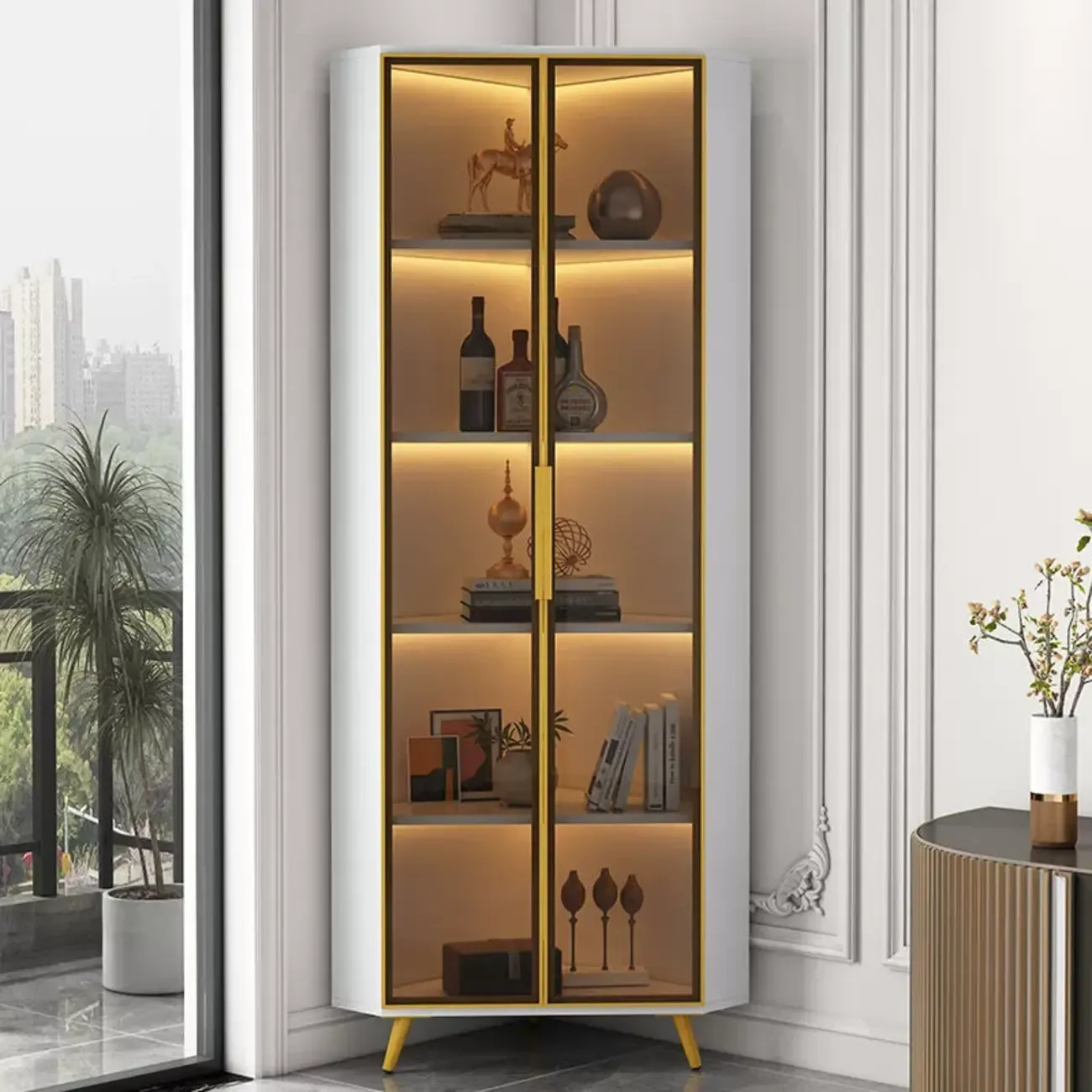 Modern Glam White-Gold Wood Glass Display Cabinet Image - 24