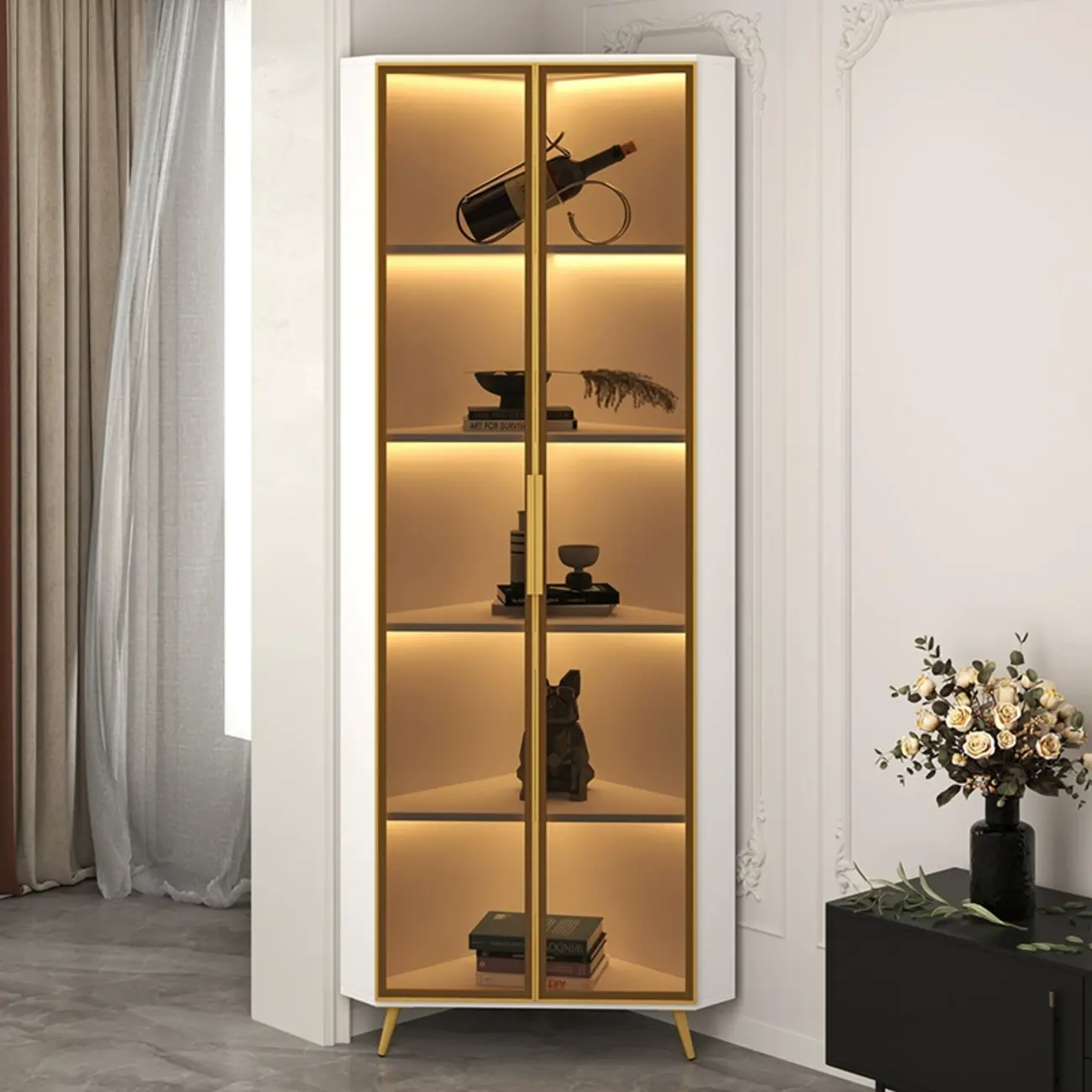Modern Glam White-Gold Wood Glass Display Cabinet Image - 27 | homeyfad