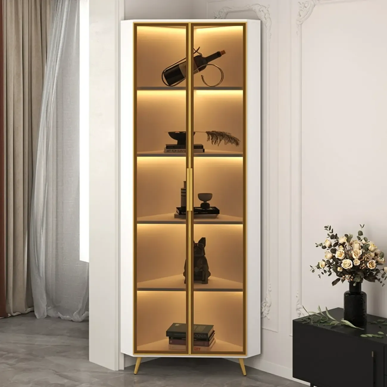 Modern Glam White-Gold Wood Glass Display Cabinet Image - 27