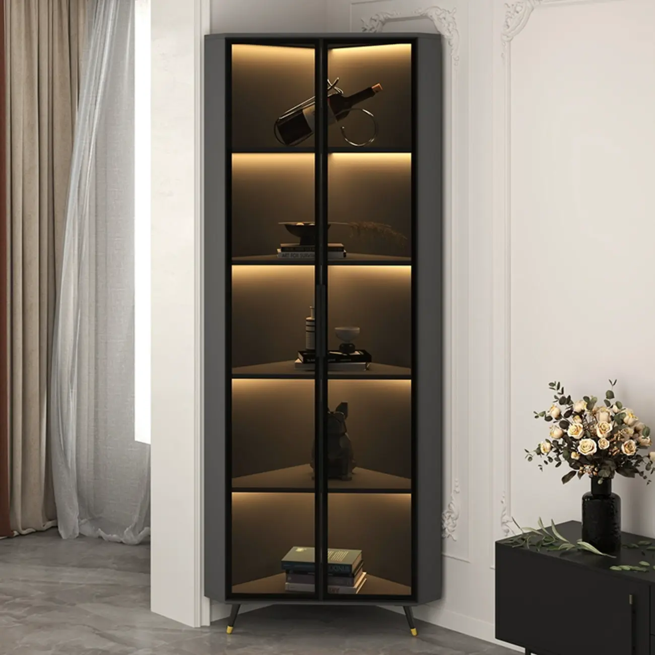 Modern Glam White-Gold Wood Glass Display Cabinet Image - 30 | homeyfad
