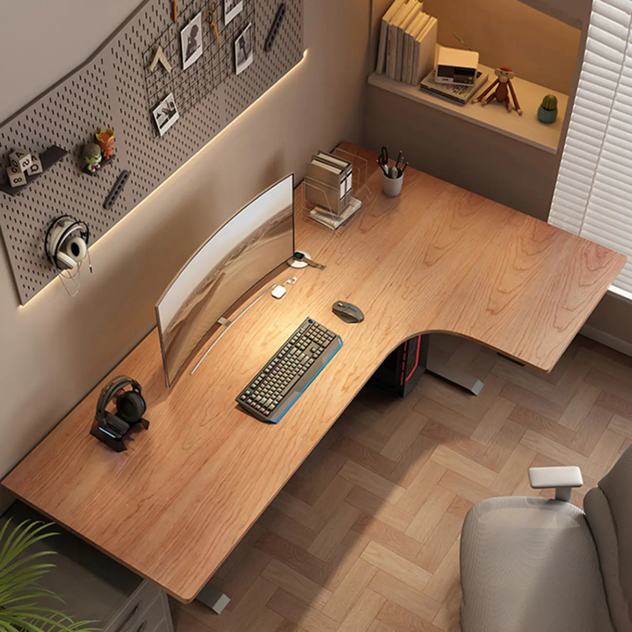 55"L Natural Wood Adjustable L-Shape Office Desk Image - 3 | homeyfad