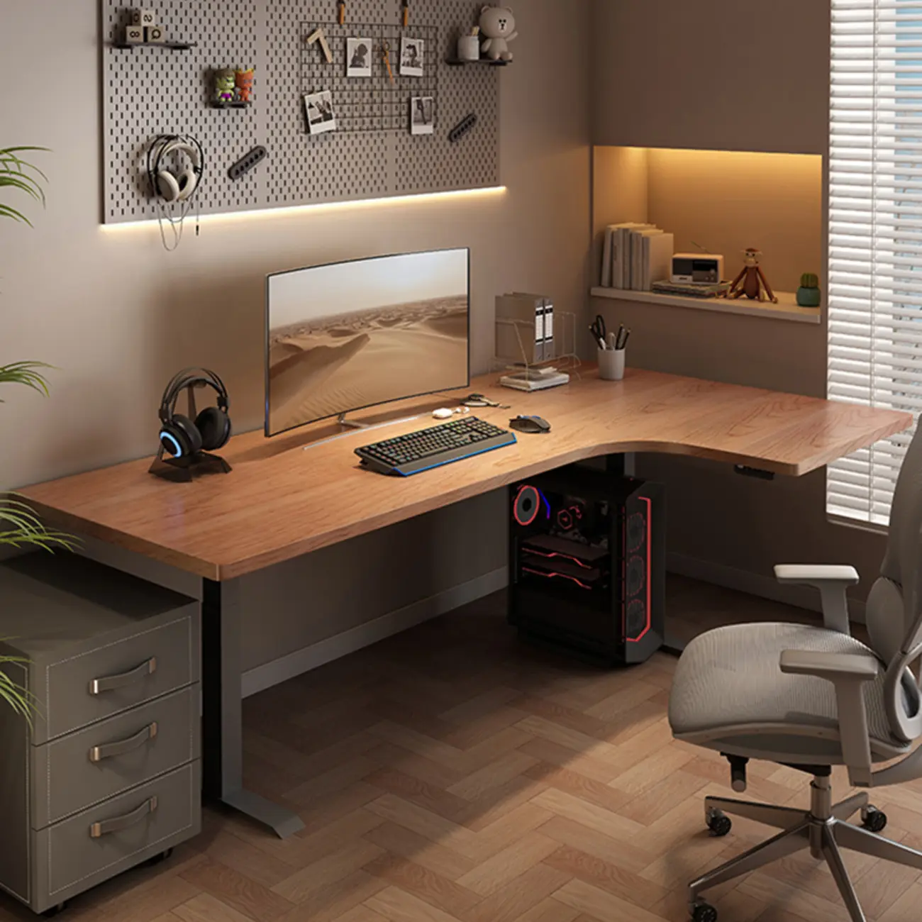 55"L Natural Wood Adjustable L-Shape Office Desk Image - 1 | homeyfad