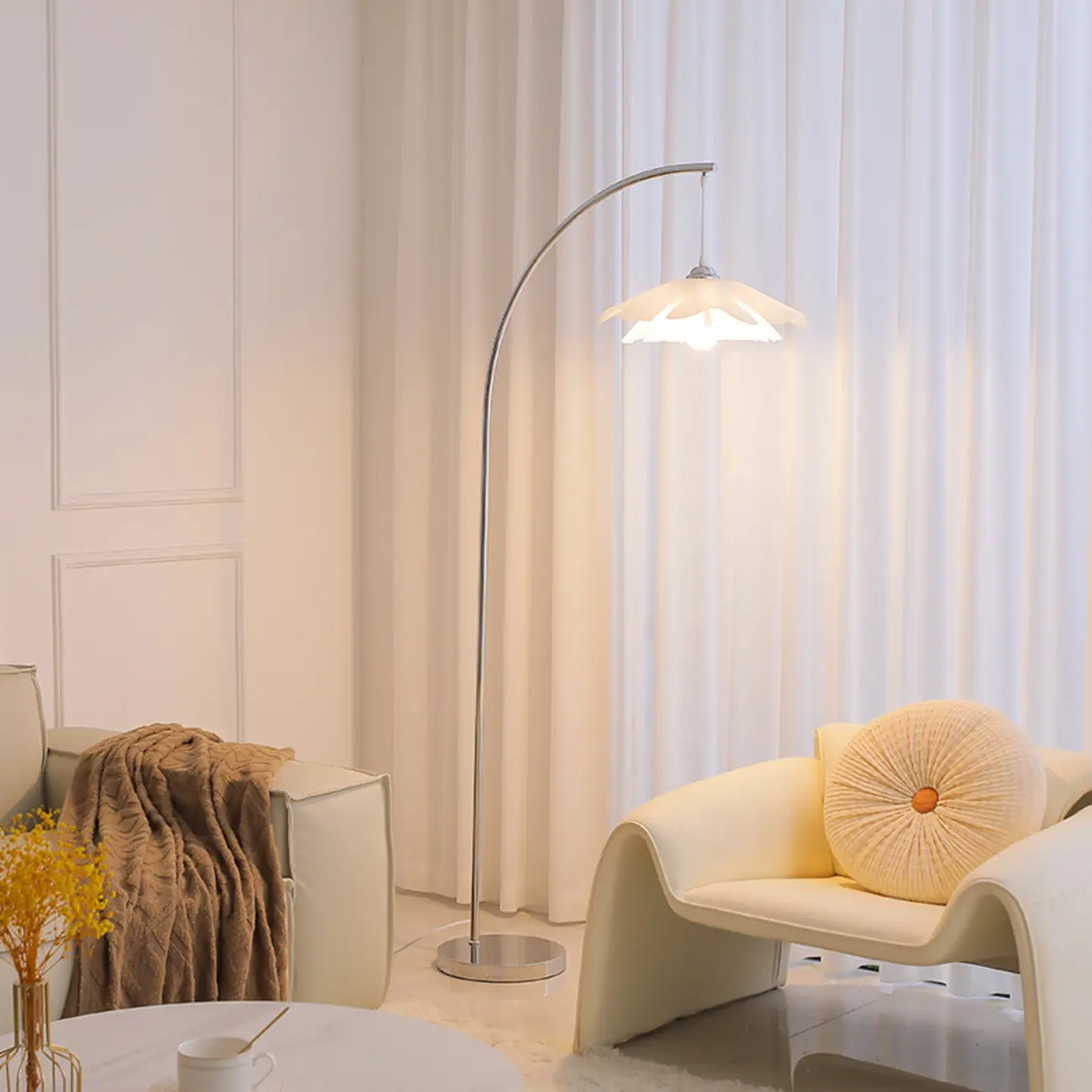 Modern Chrome White Flower Shade Arc Floor Lamp | homeyfad