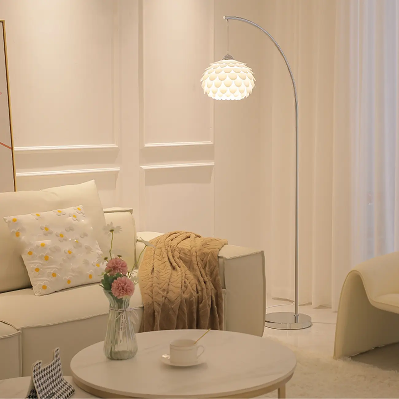 Modern Chrome White Flower Shade Arc Floor Lamp | homeyfad