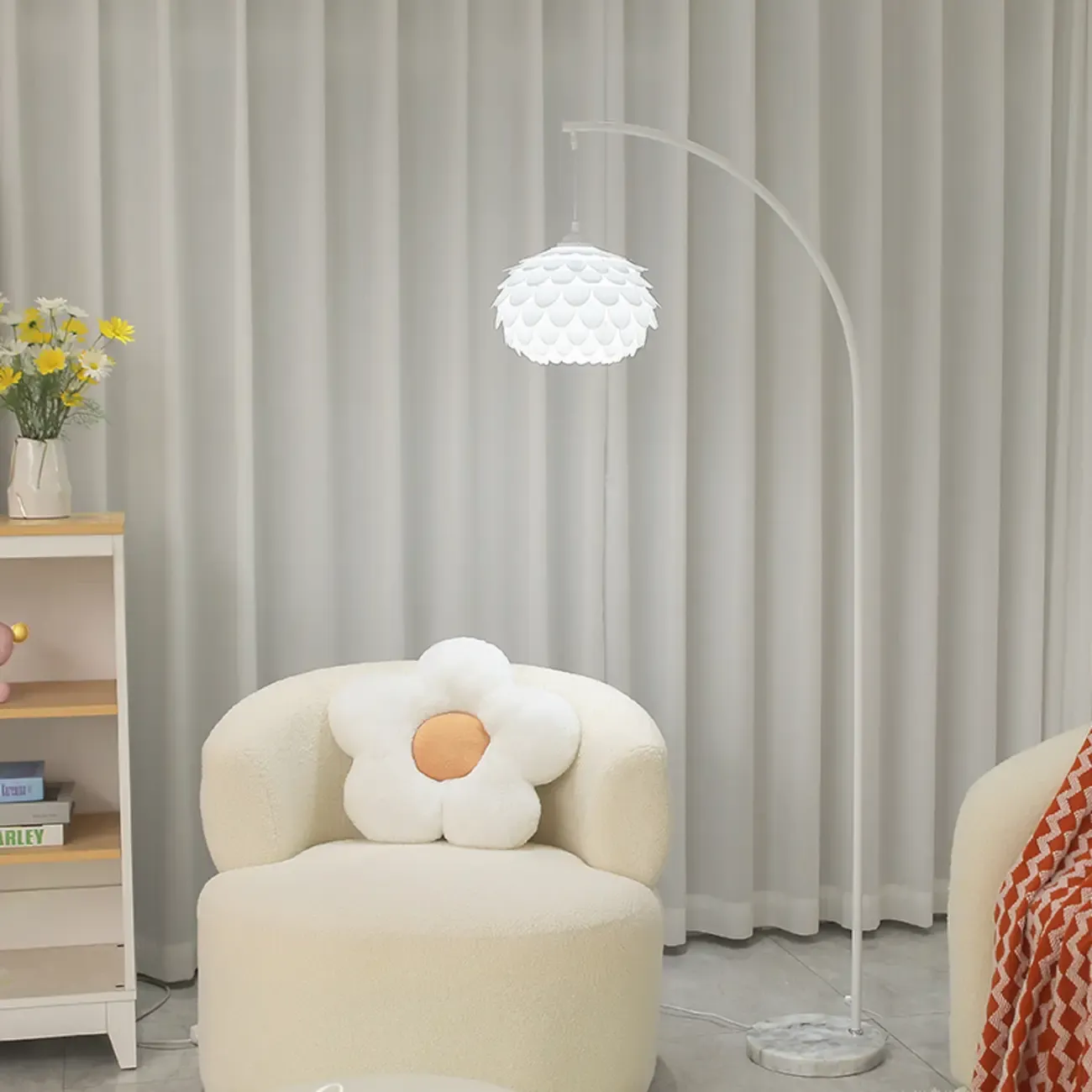 Modern Chrome White Flower Shade Arc Floor Lamp