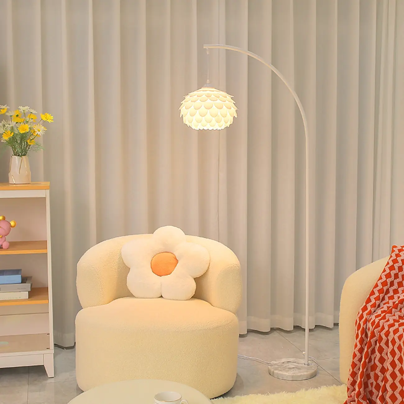 Modern Chrome White Flower Shade Arc Floor Lamp | homeyfad