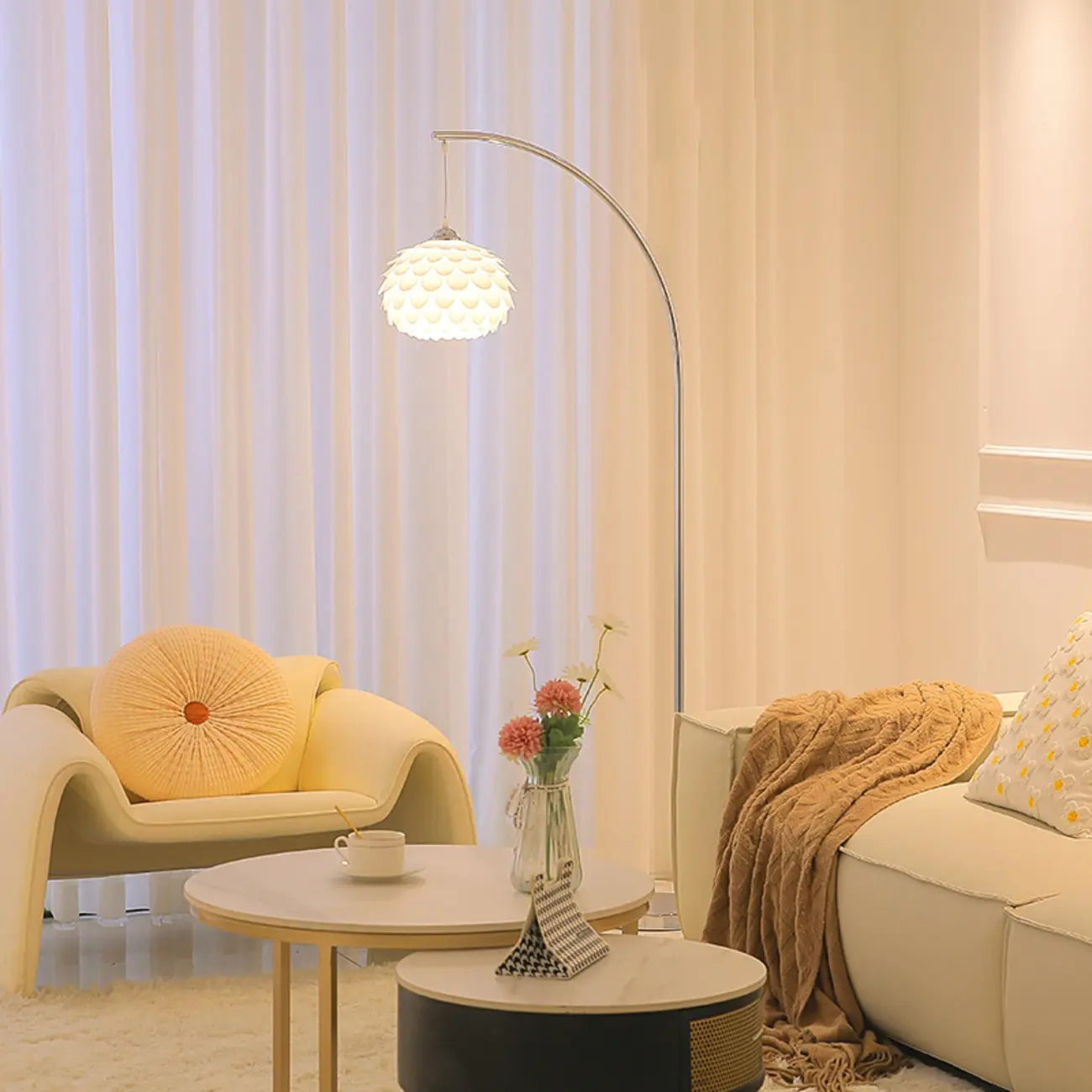 Modern Chrome White Flower Shade Arc Floor Lamp | homeyfad