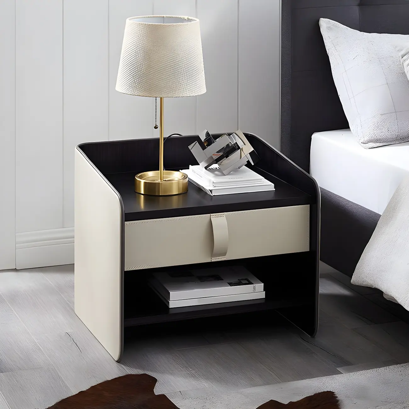 Modern 2-Tier Wood Leather Shelved Drawer Nightstand Image - 1 | homeyfad