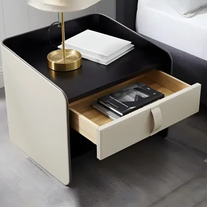 Modern 2-Tier Wood Leather Shelved Drawer Nightstand Image - 2