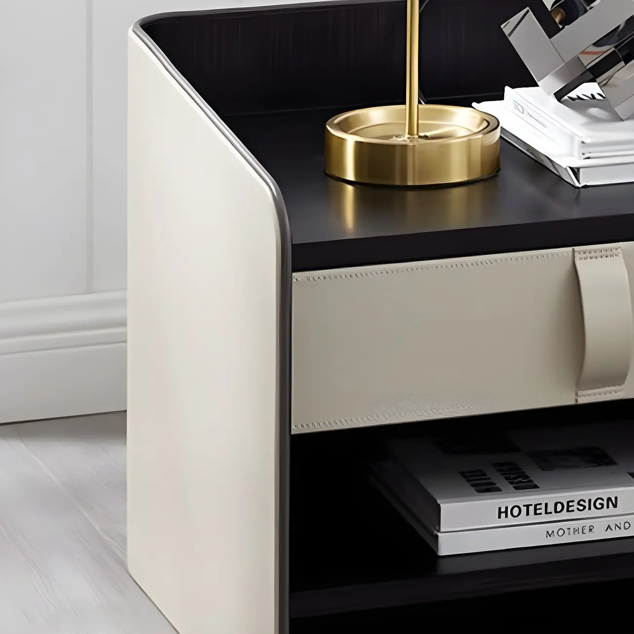 Modern 2-Tier Wood Leather Shelved Drawer Nightstand Image - 3 | homeyfad