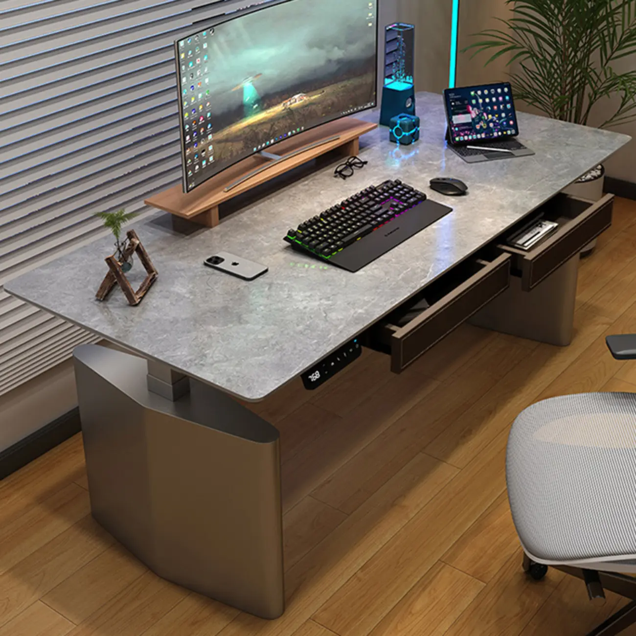 Long Grey Stone 2-Drawers Automatic Office Desk Image - 1 | homeyfad