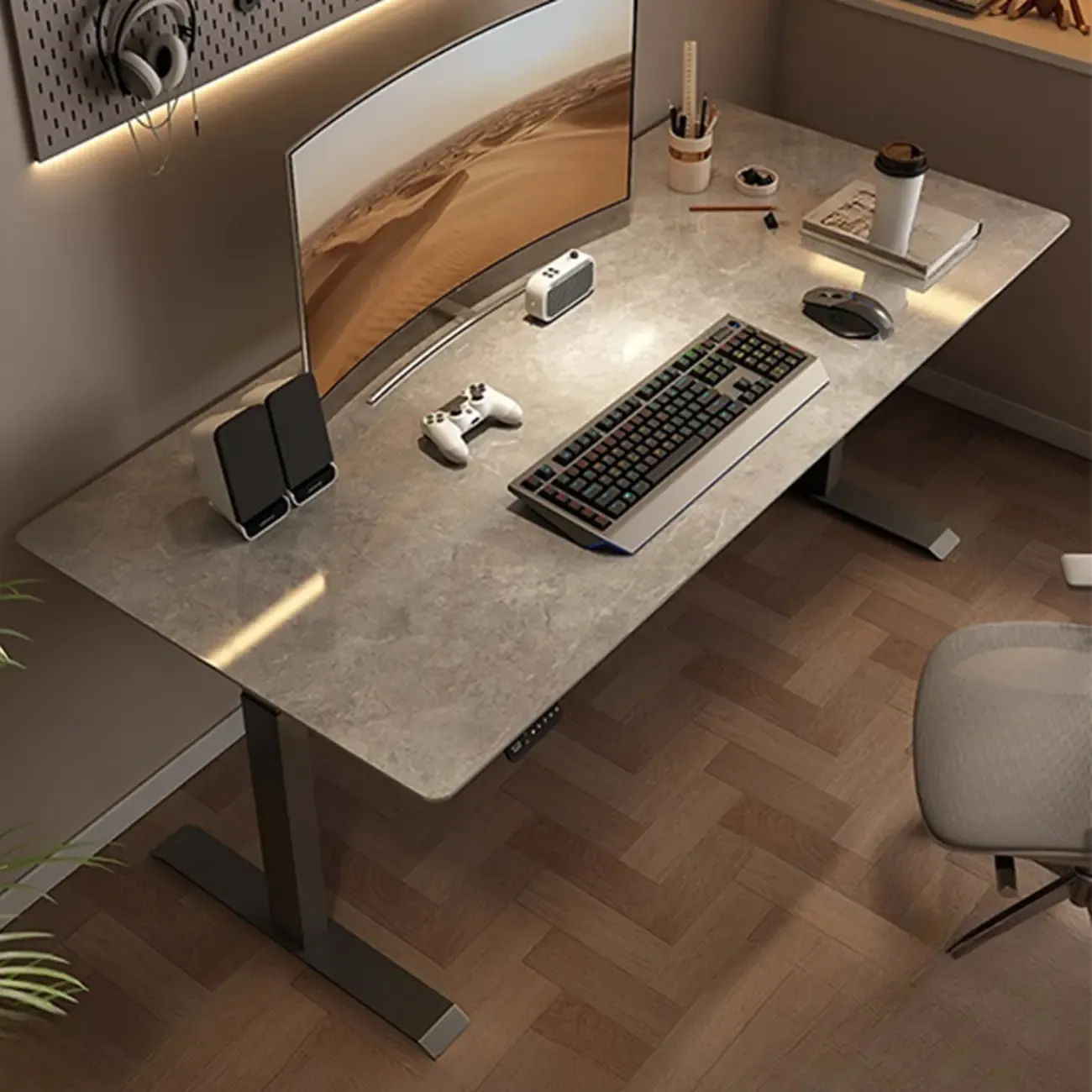 Industrial Sintered Stone Grey Adjustable Standing Office Desk Image - 1