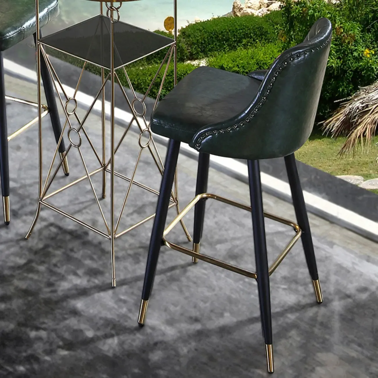 Glam Tufted Green Leather Seat Curved Back Counter Bar Stools Image - 4