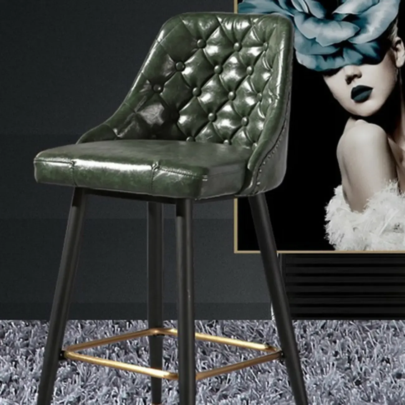 Glam Tufted Green Leather Seat Curved Back Counter Bar Stools Image - 3