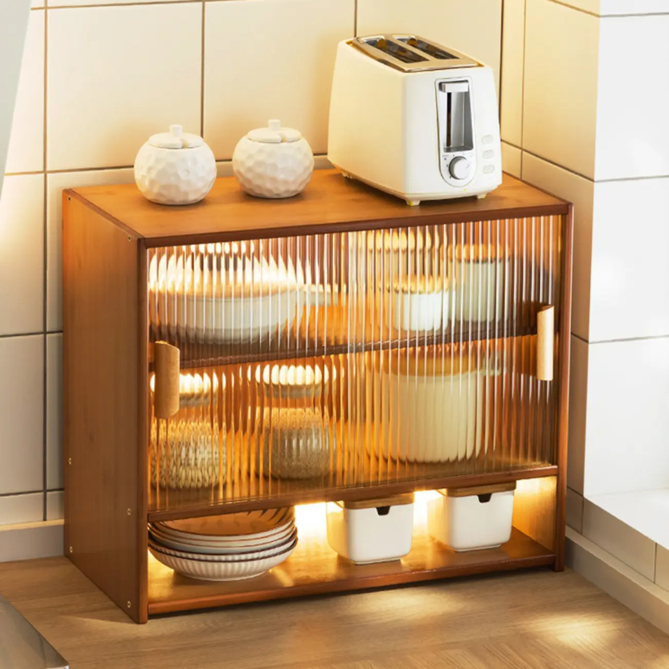 Bamboo Glass Door Display Cabinet for Kitchen Image - 4 | homeyfad