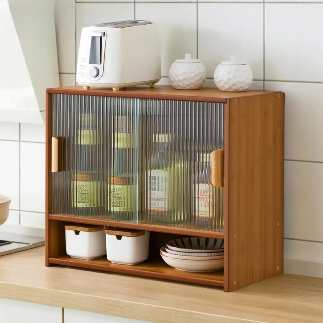 Bamboo Glass Door Display Cabinet for Kitchen Image - 8 | homeyfad