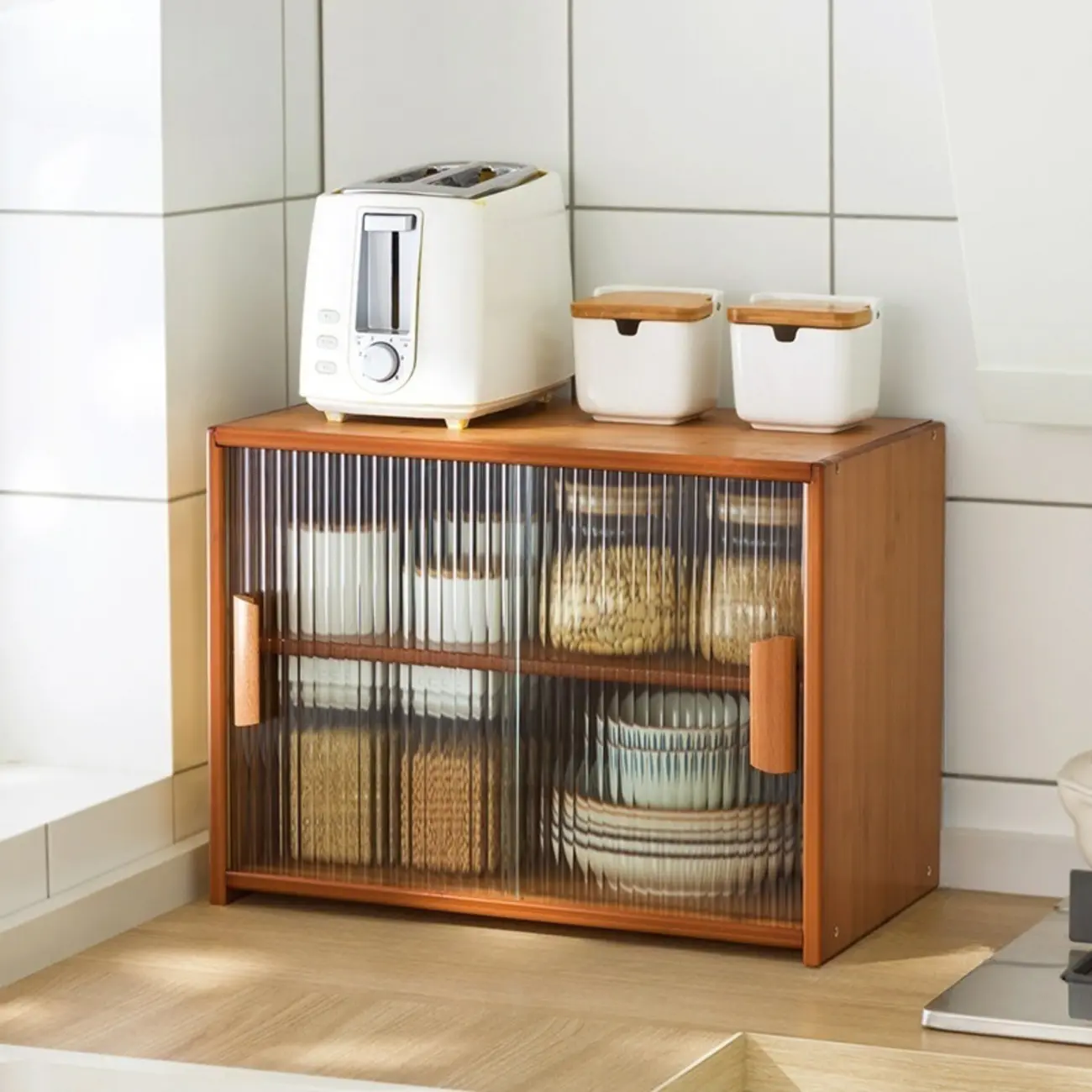 Bamboo Glass Door Display Cabinet for Kitchen Image - 16 | homeyfad