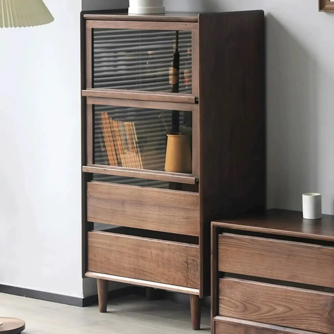 Rustic Brown Wood Flip-Up Glass Storage Cabinet with Drawers Image - 2 | homeyfad