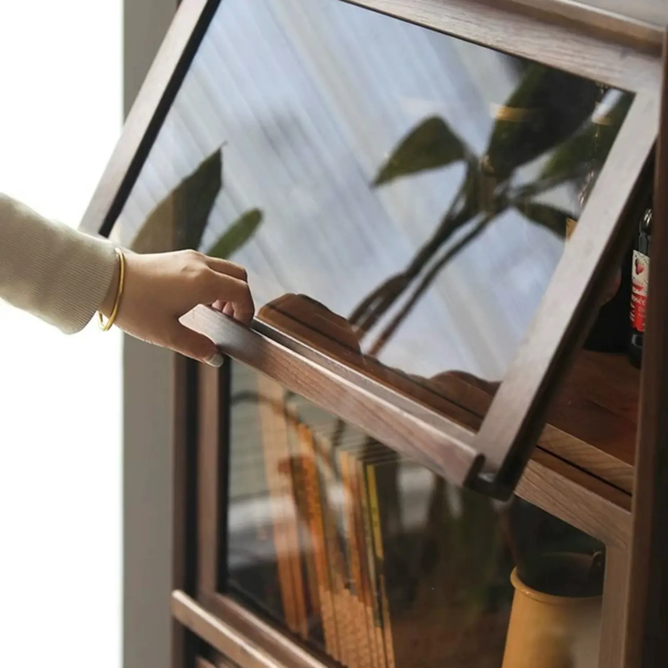 Rustic Brown Wood Flip-Up Glass Storage Cabinet with Drawers Image - 4 | homeyfad