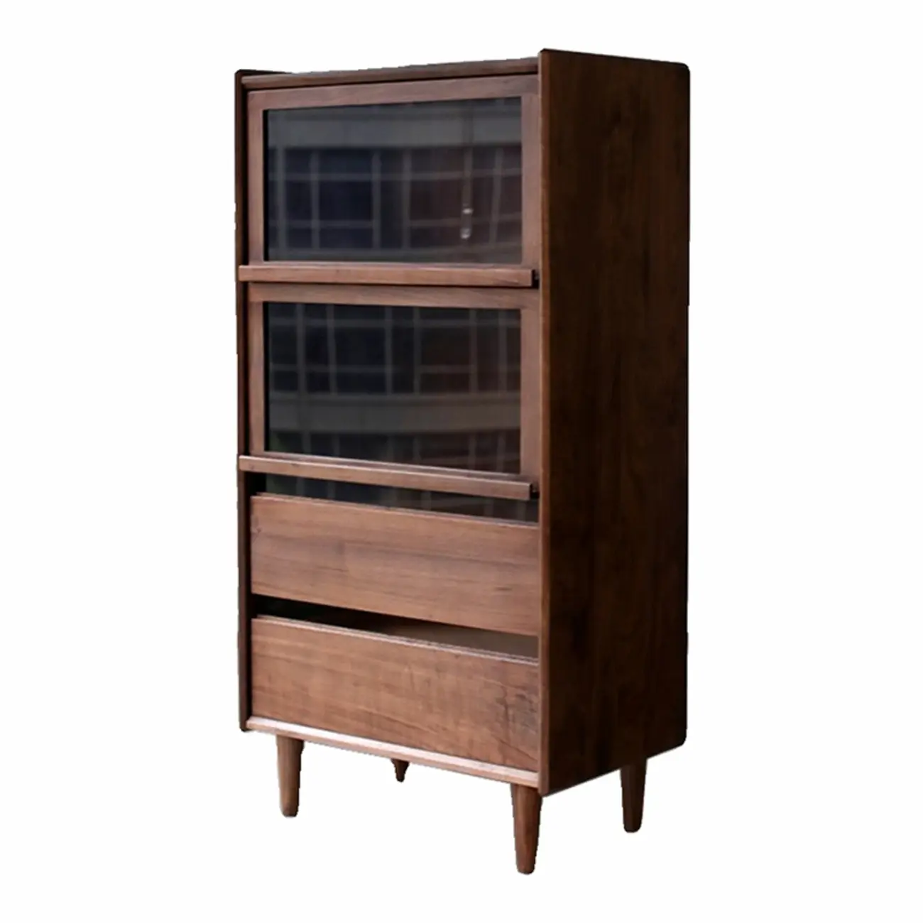 Rustic Brown Wood Flip-Up Glass Storage Cabinet with Drawers Image - 5 | homeyfad