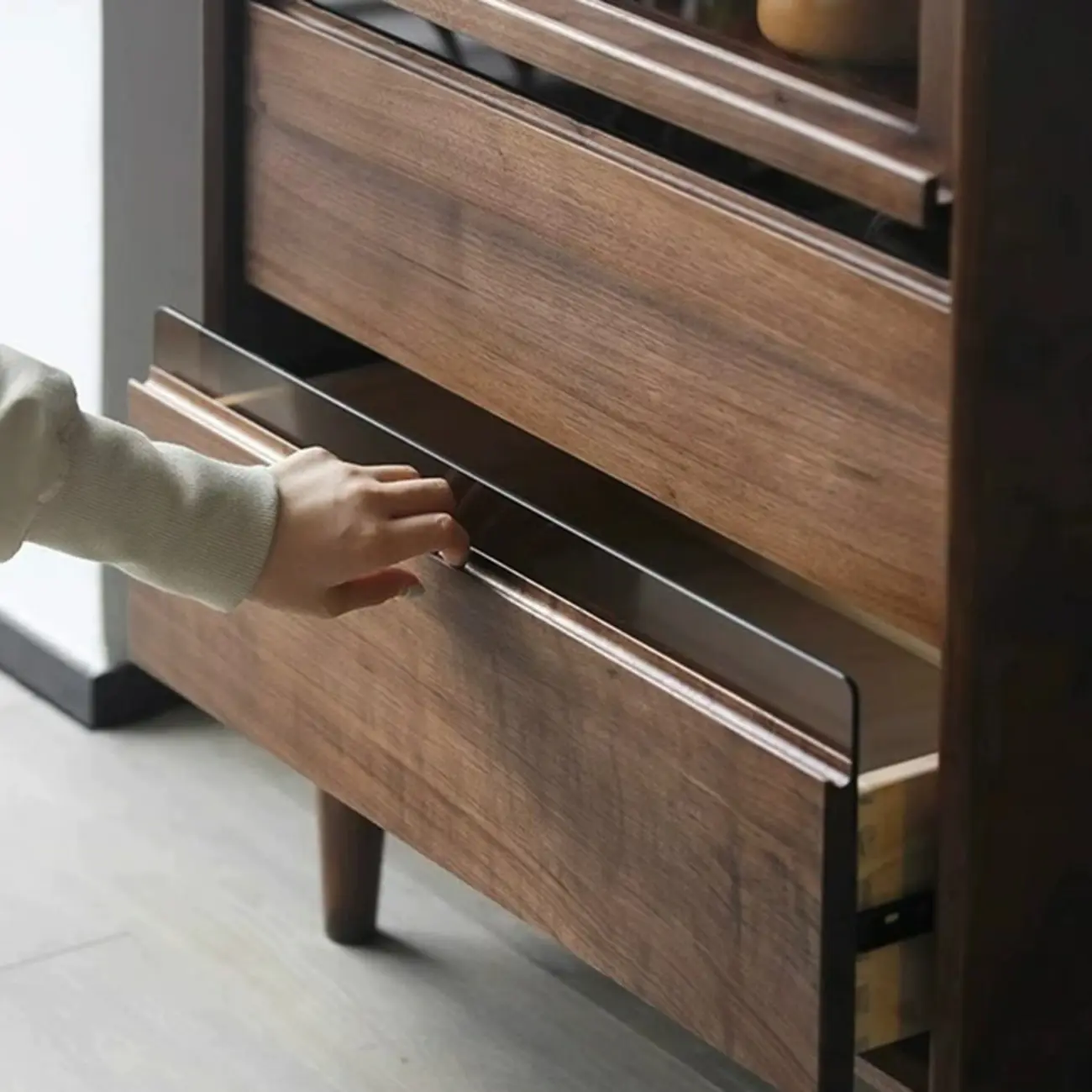 Rustic Brown Wood Flip-Up Glass Storage Cabinet with Drawers Image - 7 | homeyfad