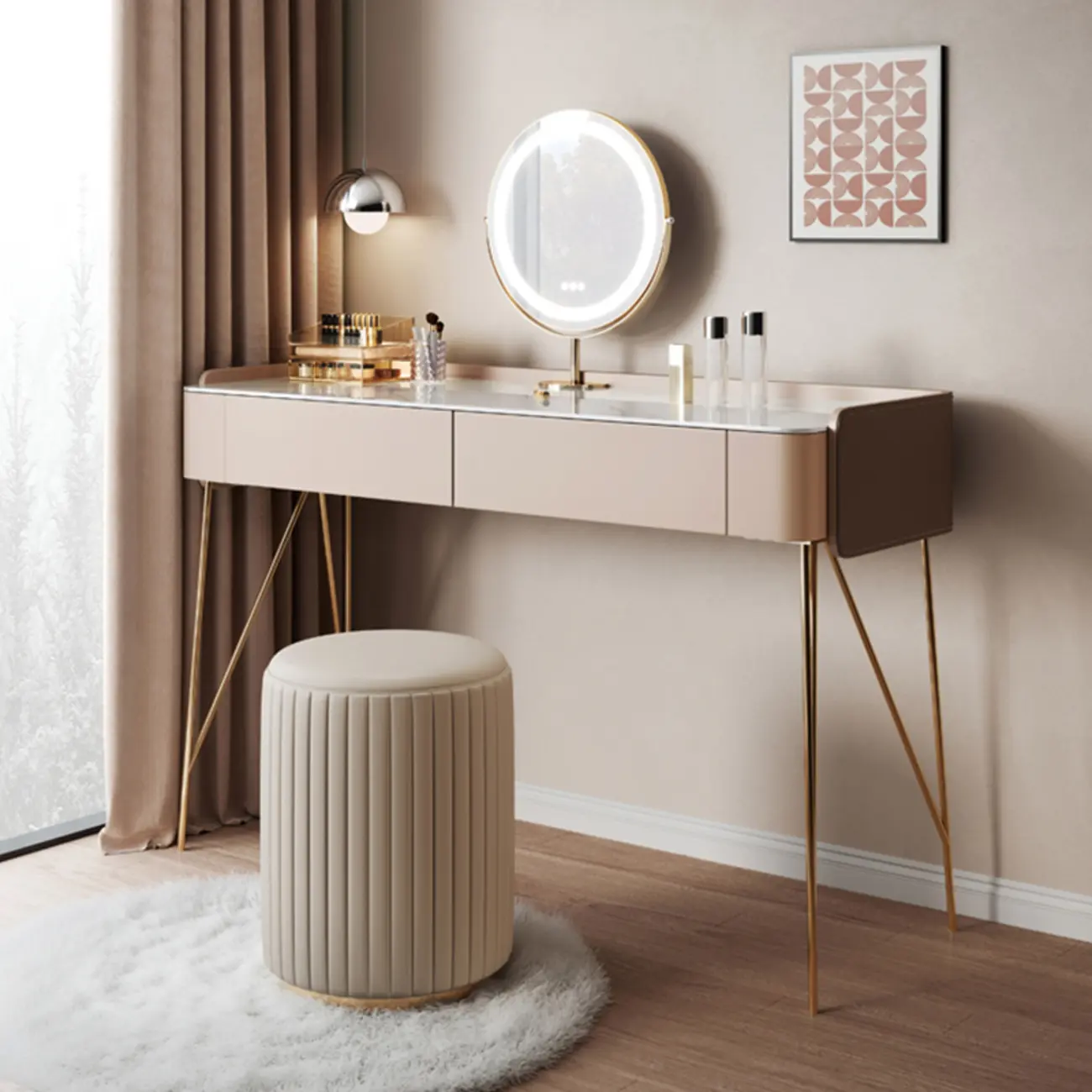 Off-White Wood Push-Pull Makeup Vanity Set with Mirror Image - 1 | homeyfad
