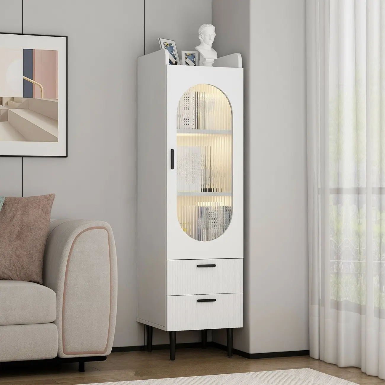 Modern White Wood Glass Storage Cabinet with Tray Top Image - 1 | homeyfad