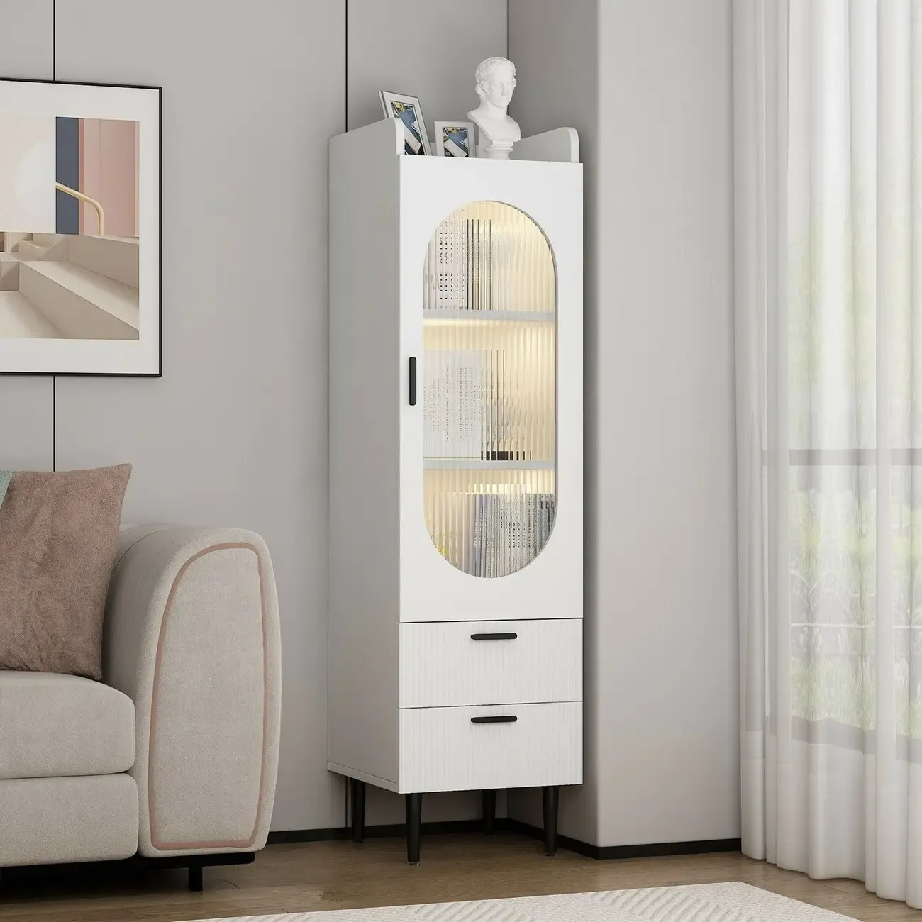 Modern White Wood Glass Storage Cabinet with Tray Top Image - 1