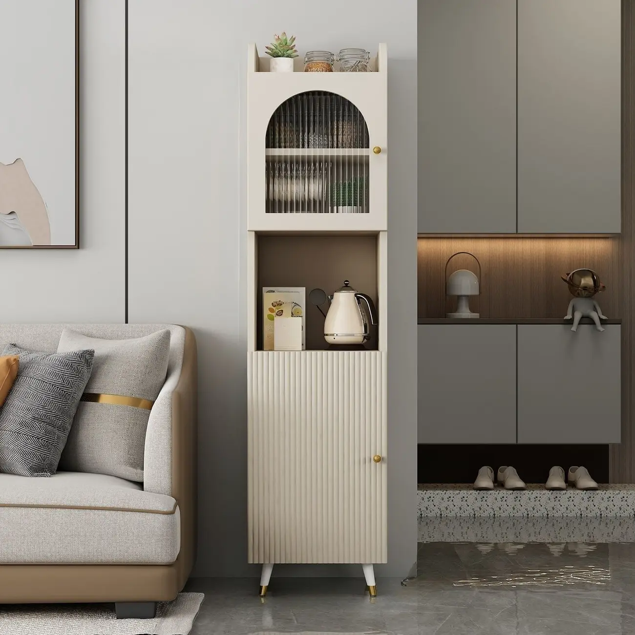 Modern White Wood Glass Storage Cabinet with Tray Top Image - 2 | homeyfad