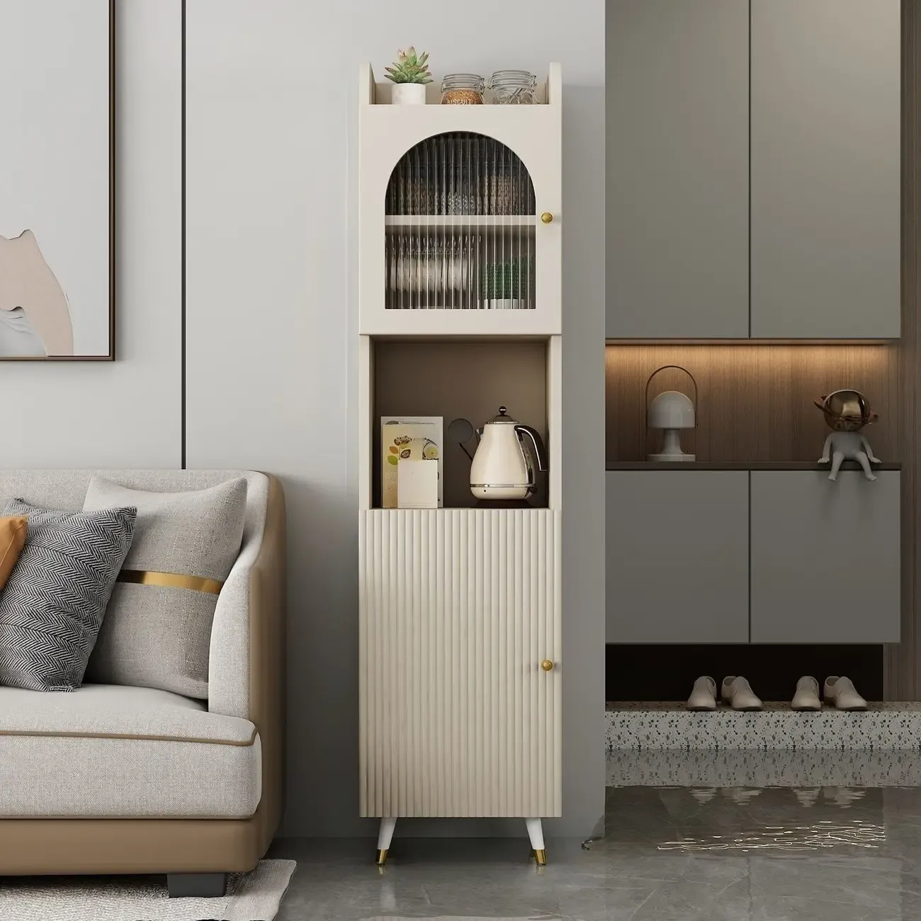 Modern White Wood Glass Storage Cabinet with Tray Top Image - 2