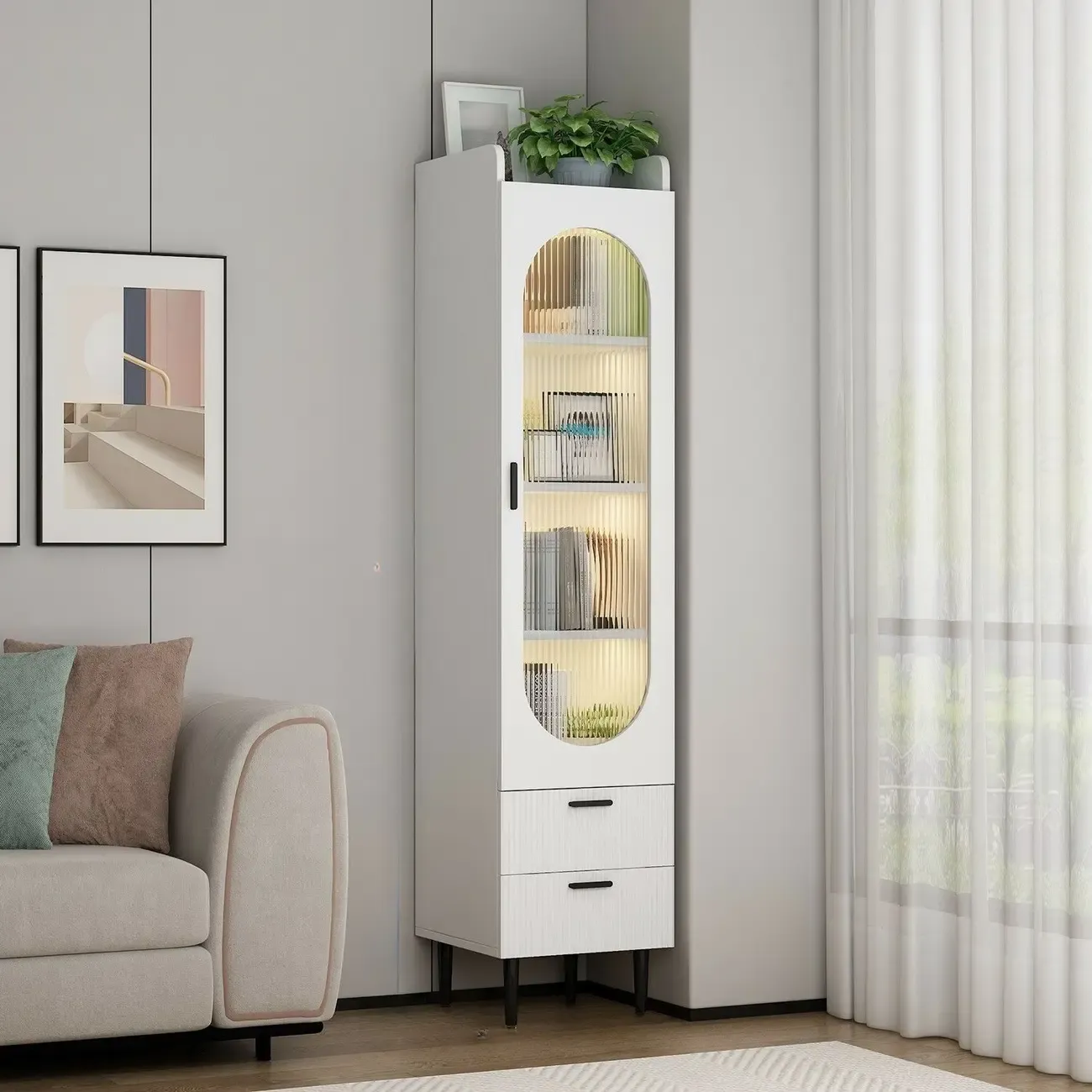Modern White Wood Glass Storage Cabinet with Tray Top Image - 4
