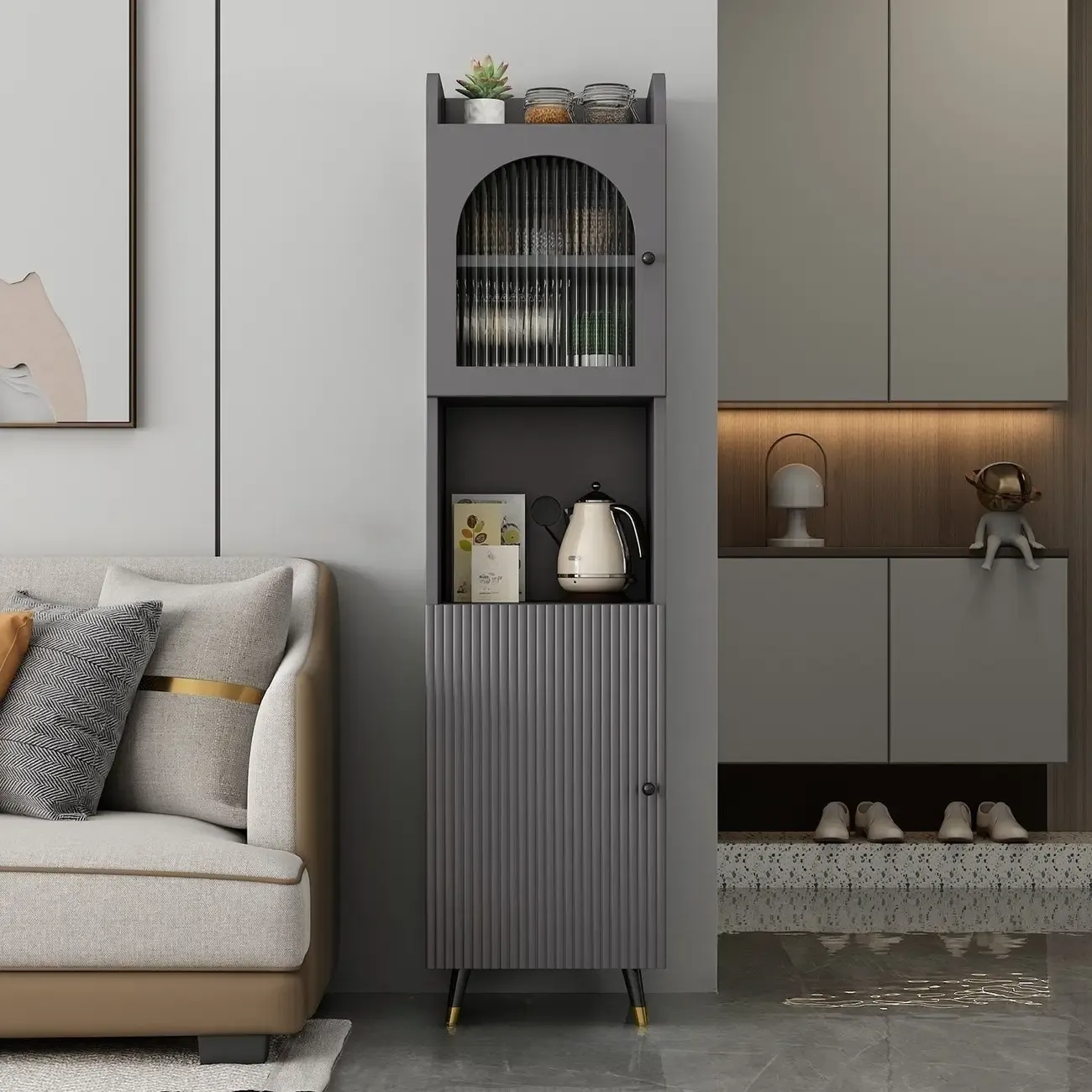 Modern White Wood Glass Storage Cabinet with Tray Top Image - 5